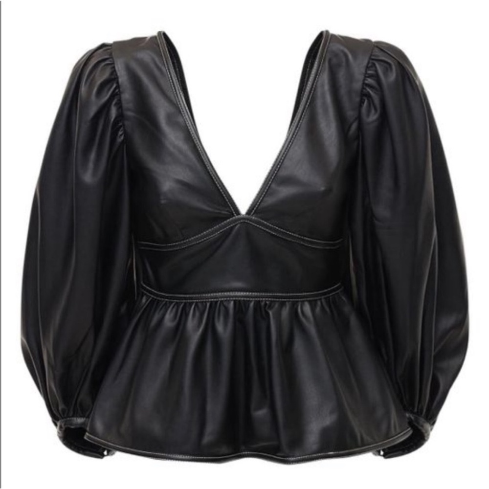 STAUD Black Faux Leather Puff-Sleeve Peplum Top